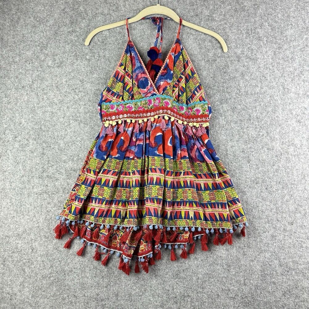 Antica Sartoria Babydoll Top Womens S Beaded Tassel Fringe Boho Festival Art Tie
